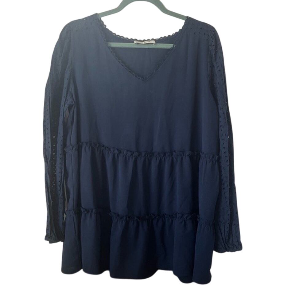 Grace Karin Top Women's Size Large Navy Blue Eyelet Sleeve Tiered Career Boho